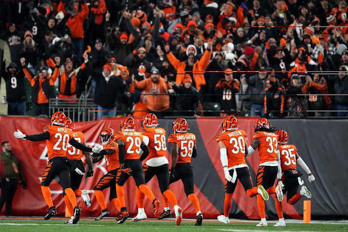 Dec 4, 2022; Cincinnati, Ohio, USA; The Cincinnati Bengals defense celebrates a turnover in the fourth quarter of a Week 13 NFL game against the Kansas City Chiefs at Paycor Stadium. Mandatory Credit: Kareem Elgazzar-USA TODAY Sports